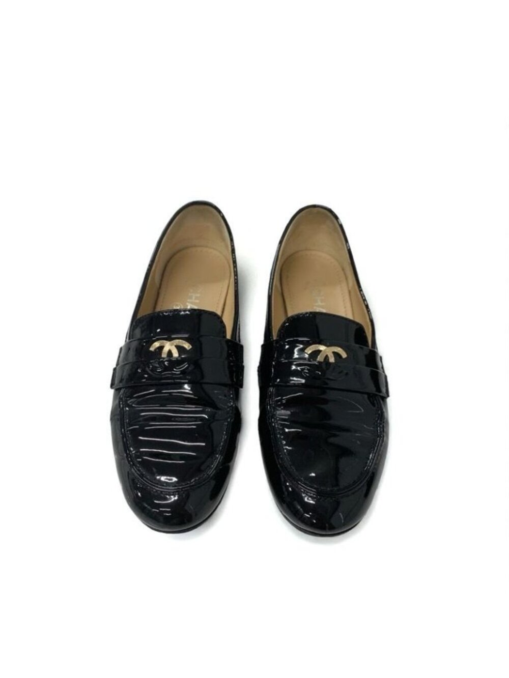 Chanel Loafer Leather Shoes Enamel Black Gold Coco Mark - Picture 2 of 10